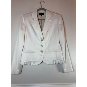 Isabel & Nina Womens White Ruffle Hem Blazer Jacket Silver Crest Buttons Size 14